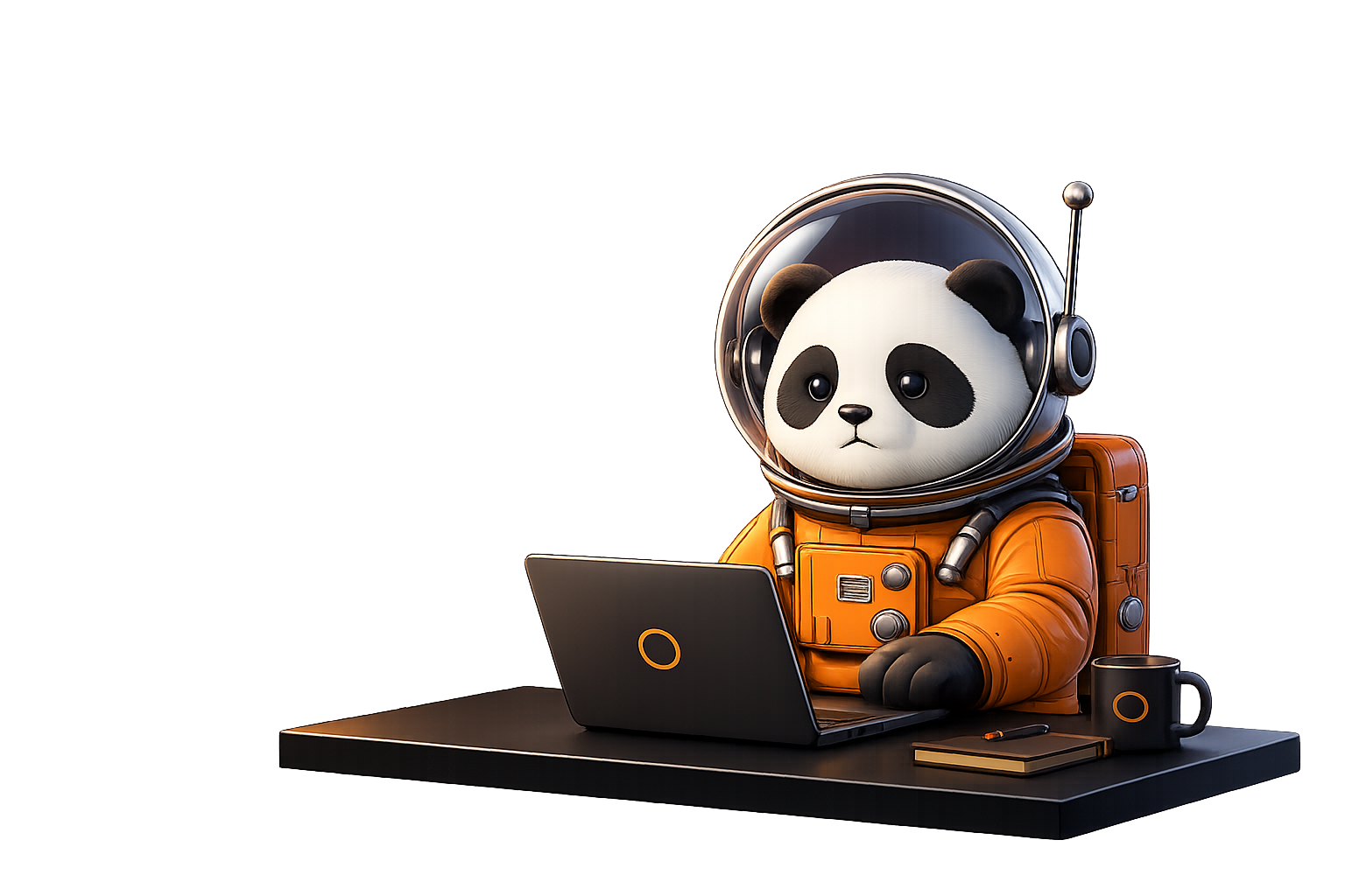 Fracture Models panda astronaut working on a laptop